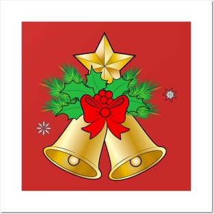 Gold Christmas Bells Decoration with Bow Posters and Art